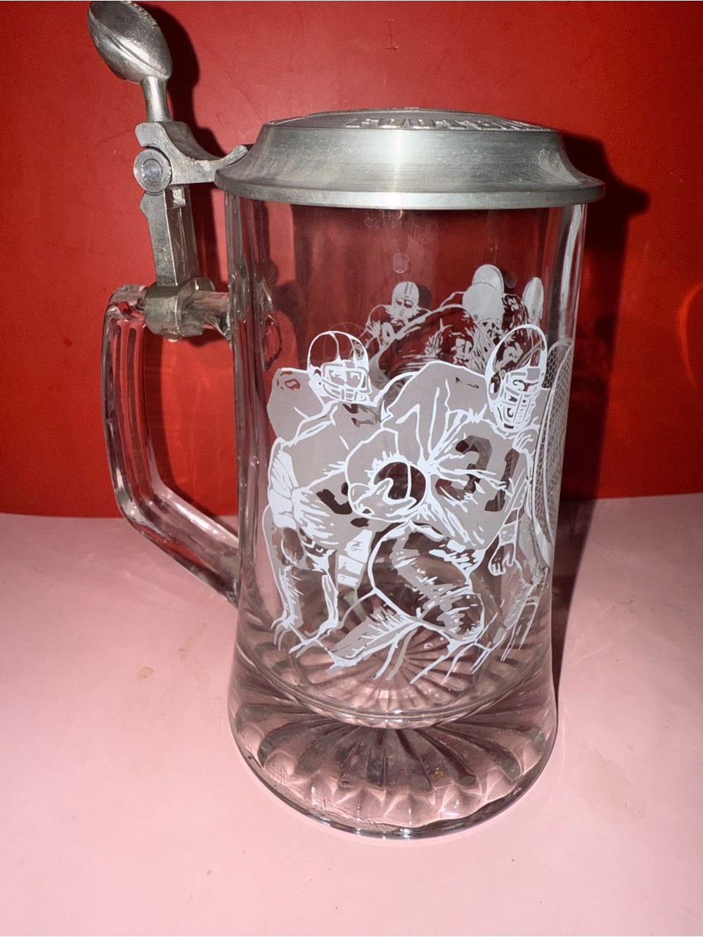 Vintage Glass Beer Stein with Pewter Lid and White Football Player Etching